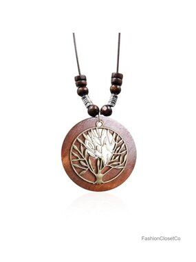 Vintage Tree of Life Wood Pendant Necklace Long Leather Lariat Boho Jewelry